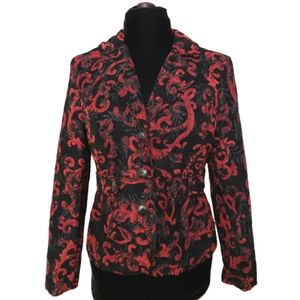 Damask Print Button Front Red Black Peplum Lined Blazer by Kim Rogers Medium